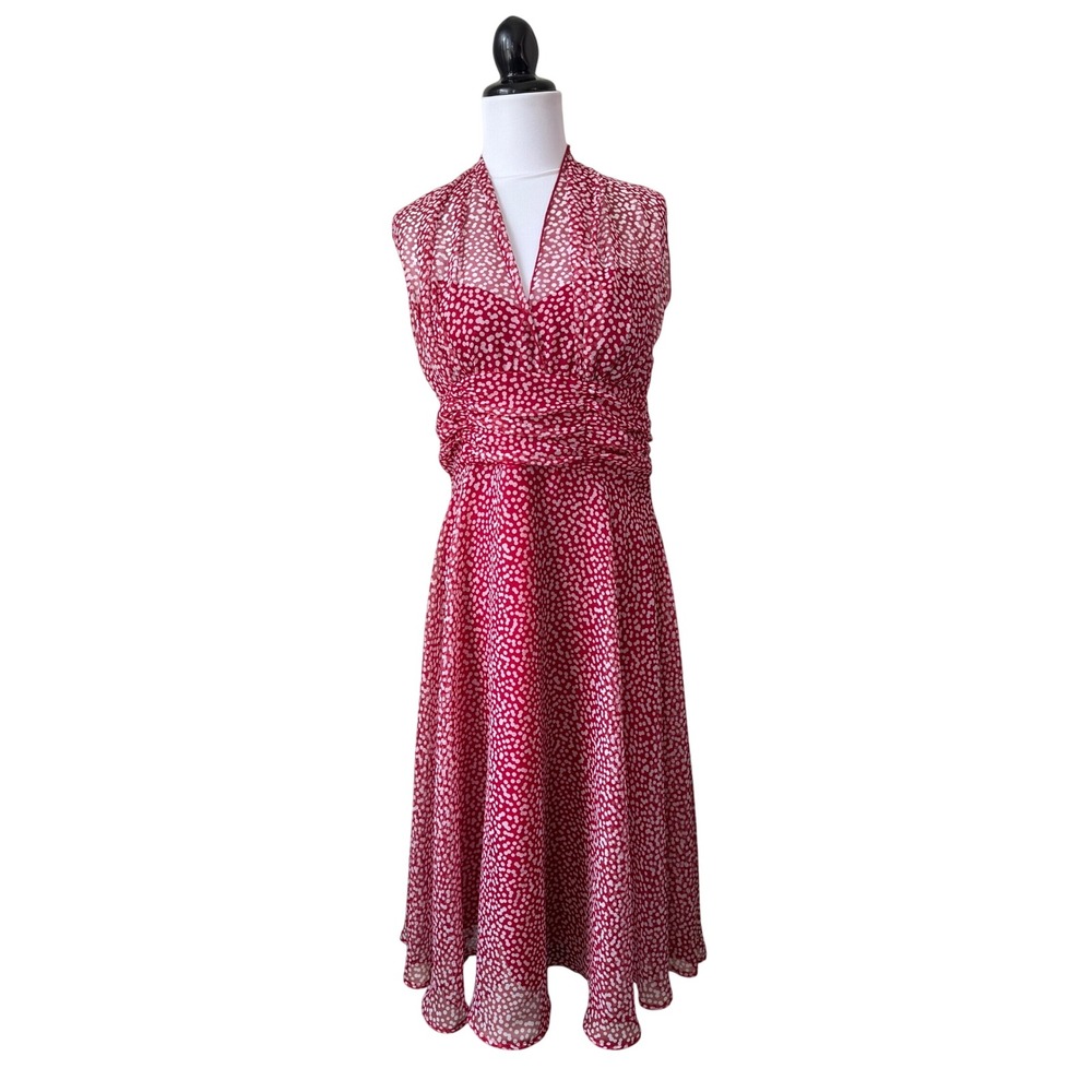 Connected Apparel Red White Polka Dot Chiffon Halter Midi Dress Womens 12 Retro